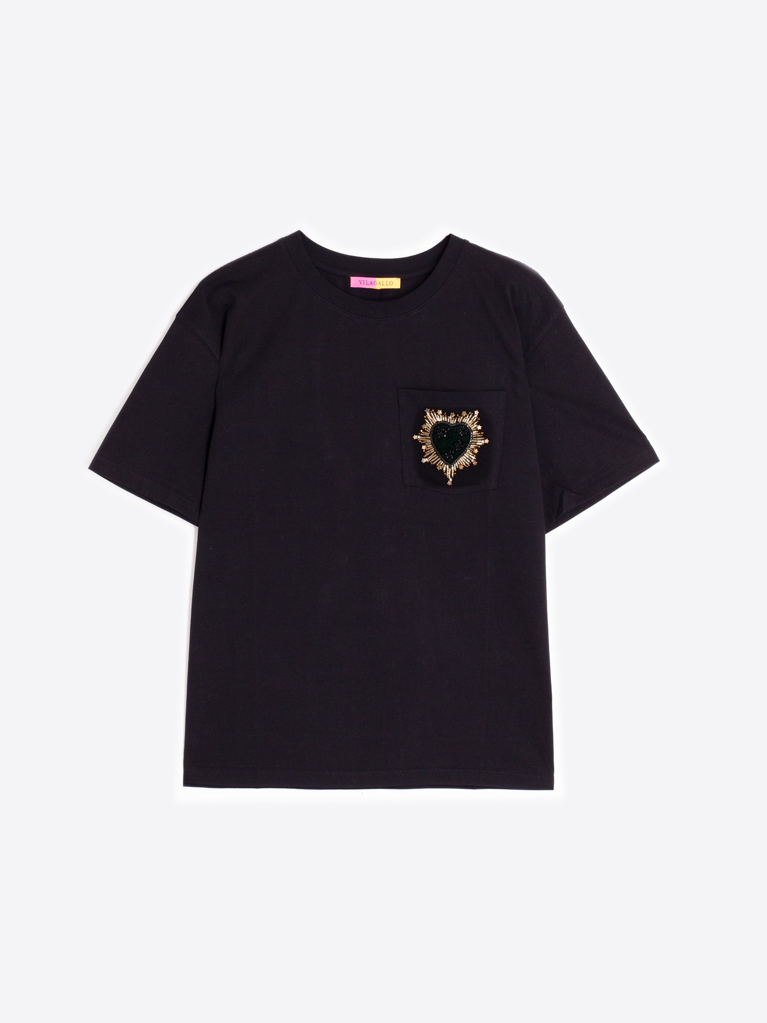 VILAGALLO 32947 BLACK T-SHIRT WITH BEADED HEART EMBROIDERY