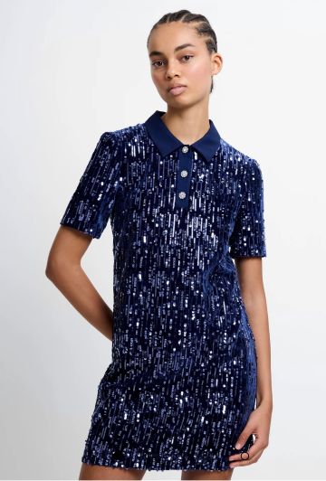 FRENCH CONNECTION TRINNY VELVET SEQUIN COLLARED MINI DRESS