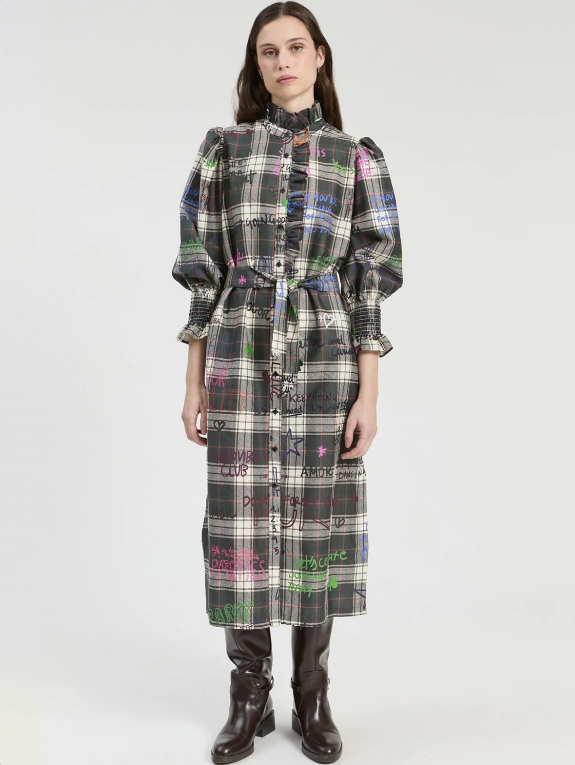 VILAGALLO 34161 PLAID GRAFFITI MIDI DRESS
